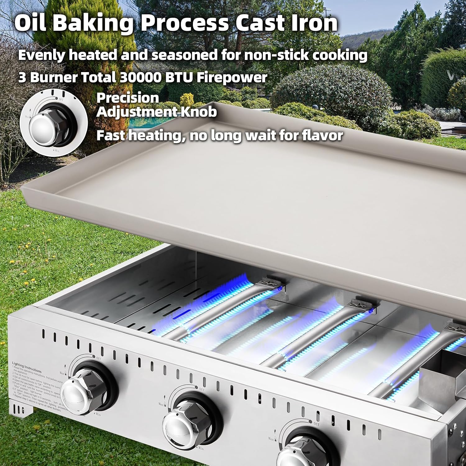3 Burner 30000 BTU Outdoor Gas Griddle with Lid (Side Shelf), Portable Flat Top Griddle 28 Inch Heavy-Duty Cast Iron Grill, Bottle Rack & Grease Pan for Camping, Picnic, Patio