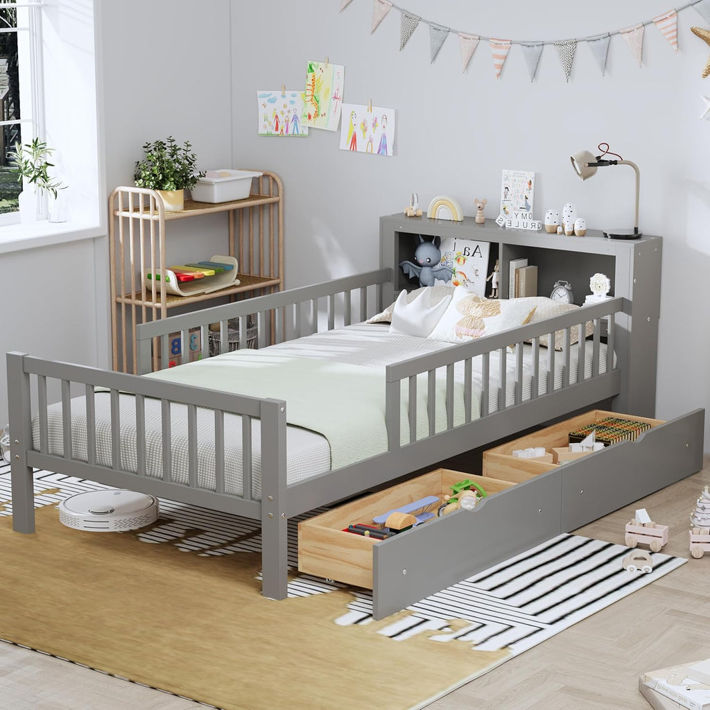 VilroCaz Wood Twin Size Platform Bed with Safety Fence for Kids Boys Girls, Platform Bed Frame with Practical Headboard and 2 Under-Bed Drawers, Sturdy Slats Support (Gray-3.15)