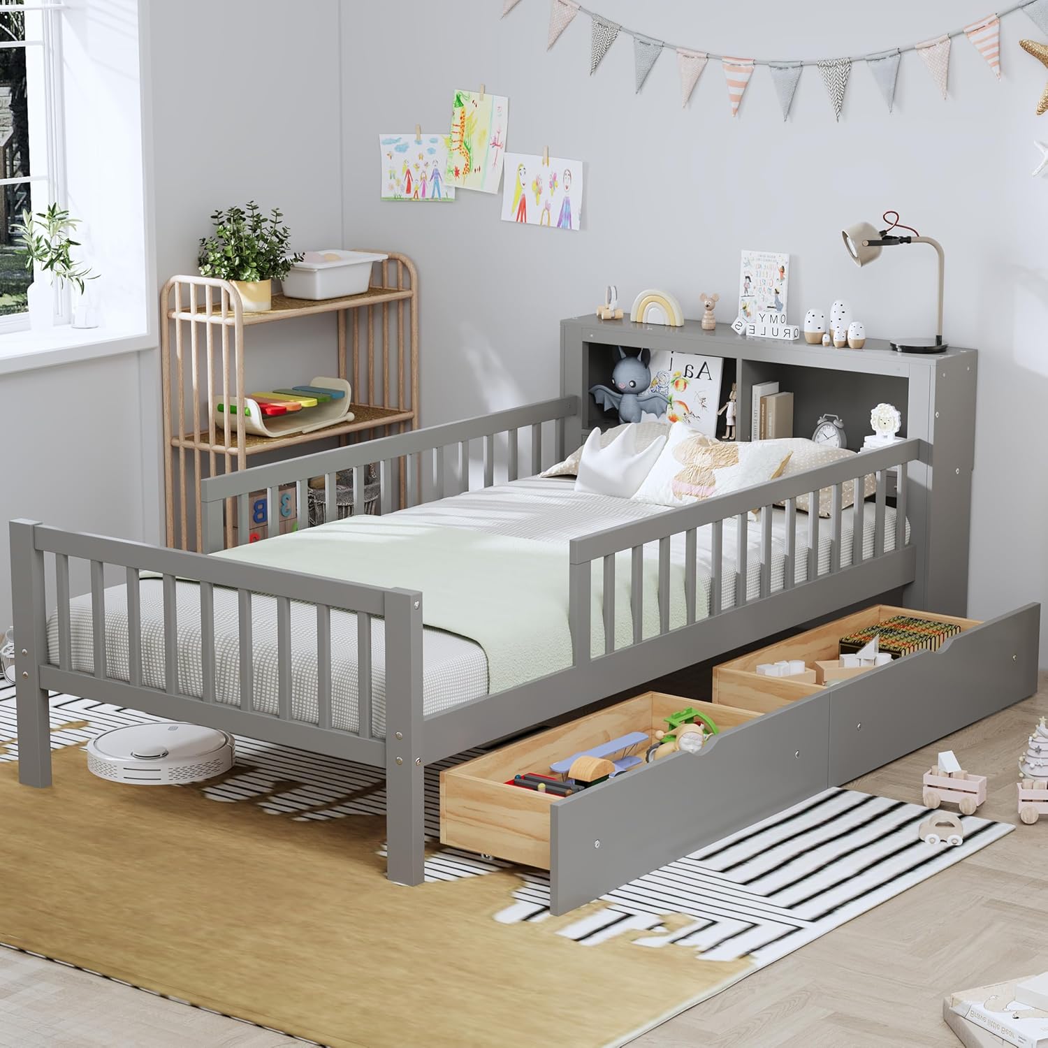 VilroCaz Wood Twin Size Platform Bed with Safety Fence for Kids Boys Girls, Platform Bed Frame with Practical Headboard and 2 Under-Bed Drawers, Sturdy Slats Support (Gray-3.15)
