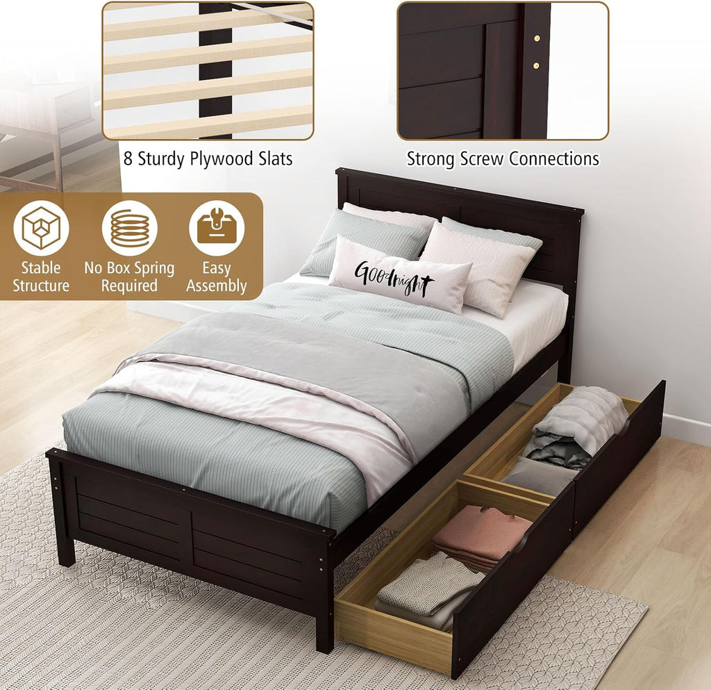 KOMFOTT Twin Size Wood Bed Frame with 2 Storage Drawers, Mid Century Platform Bed Frame with Headboard, Sturdy Wooden Slats Support, Modern Mattress Foundation, No Box Spring Required, Easy Assembly