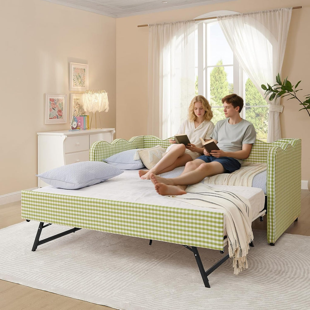 Twin to King Daybed with Trundle, USB Ports Soft Upholstered Daybed with Pop Up Trundle Bed Twin , Modern Extendable Day Bed Frame for Girls Bedroom Living Room Guest Room Small Places Sage Green