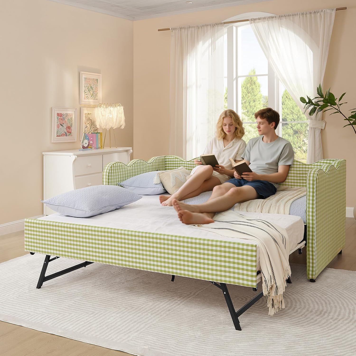 Twin to King Daybed with Trundle, USB Ports Soft Upholstered Daybed with Pop Up Trundle Bed Twin , Modern Extendable Day Bed Frame for Girls Bedroom Living Room Guest Room Small Places Sage Green