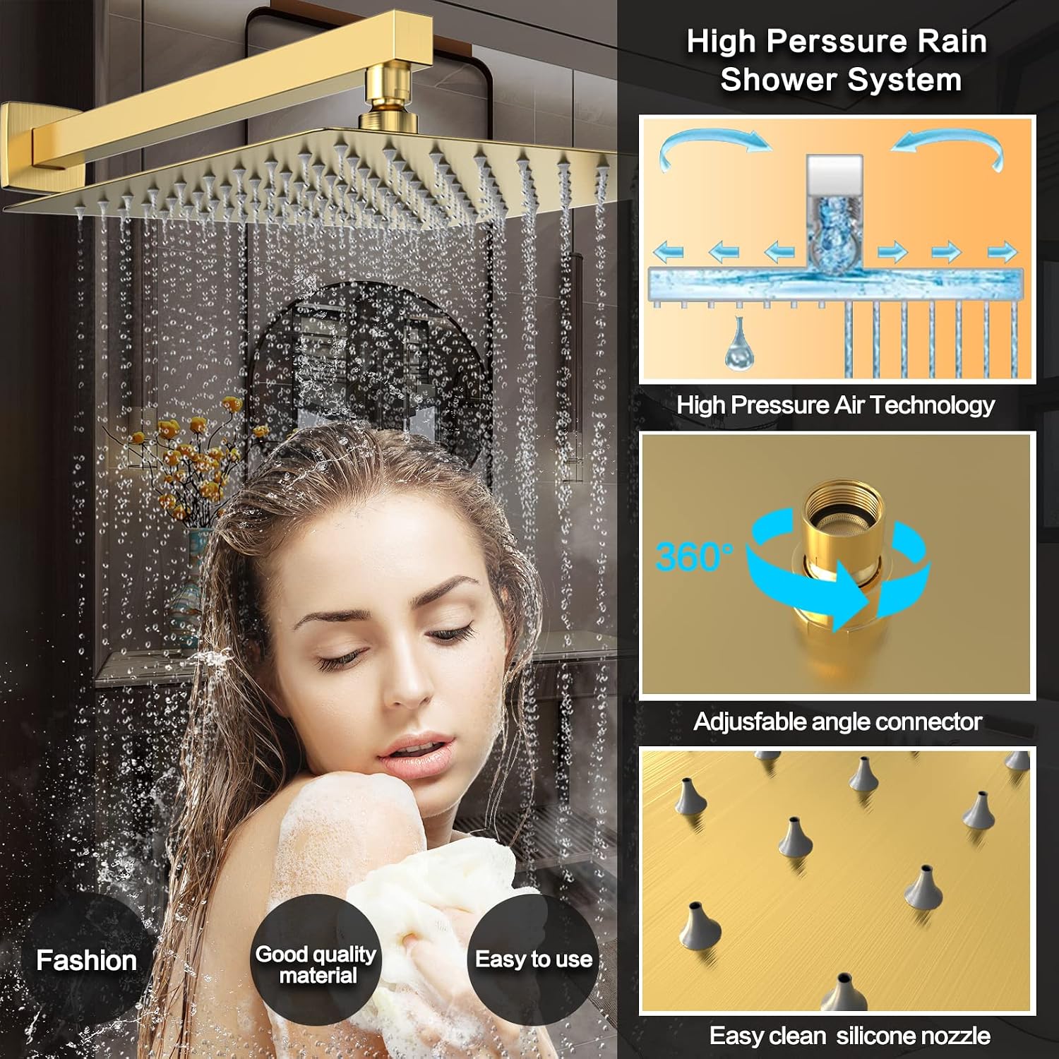Rain Shower System 12 inch Shower Faucet Set with Tub Spout,Bathroom Wall Mounted Waterfall Shower Head Bath tub Faucet Sets Complete with Handheld Spray,Included Valve Body and Trim kit,Brushed Gold
