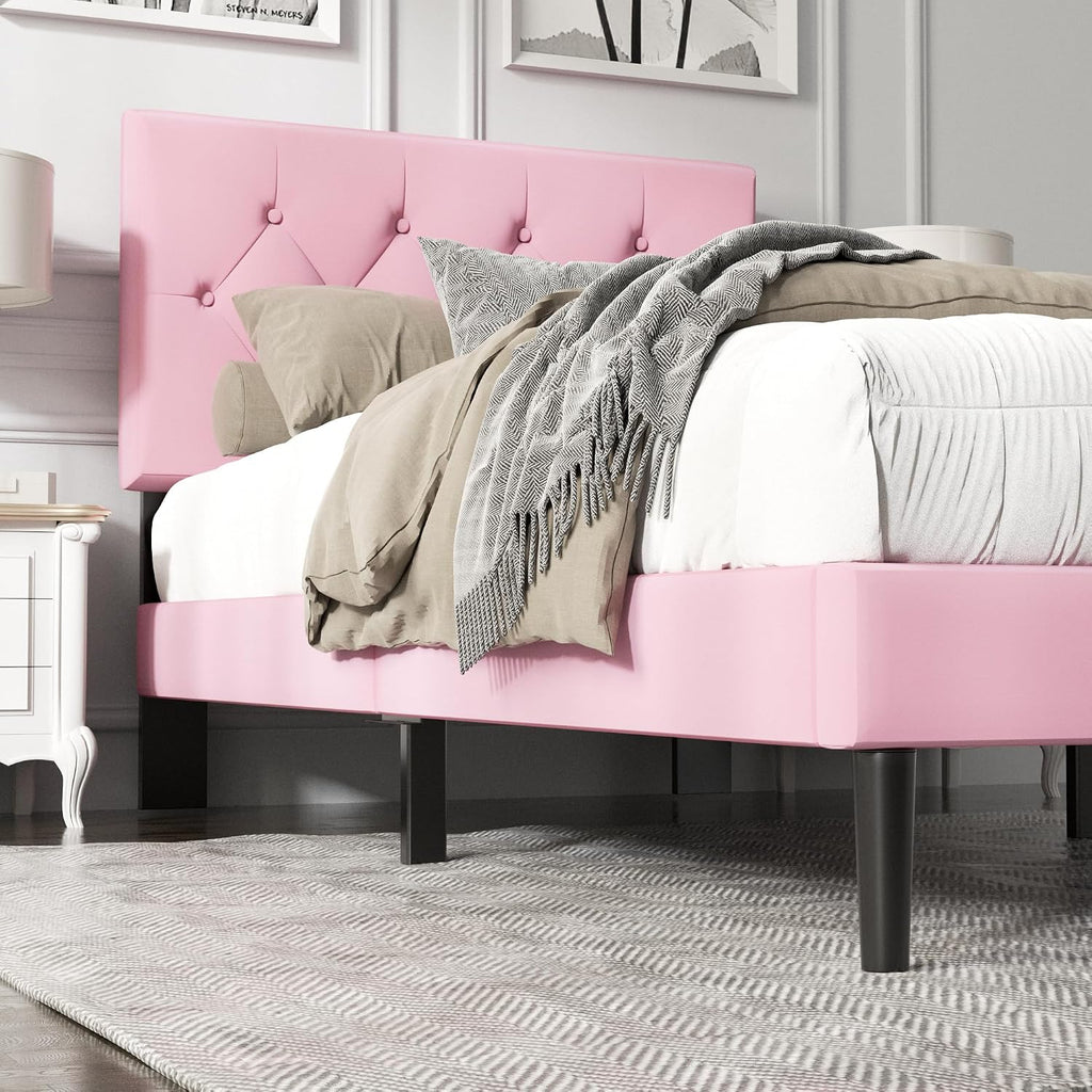 HAOARA Twin Size Platform Bed Frame with Upholstered Button Tufted Headboard, Mattress Foundation with Wooden Slat Support, Noise Free, No Box Spring Needed, Easy Assembly, Pink Velvet