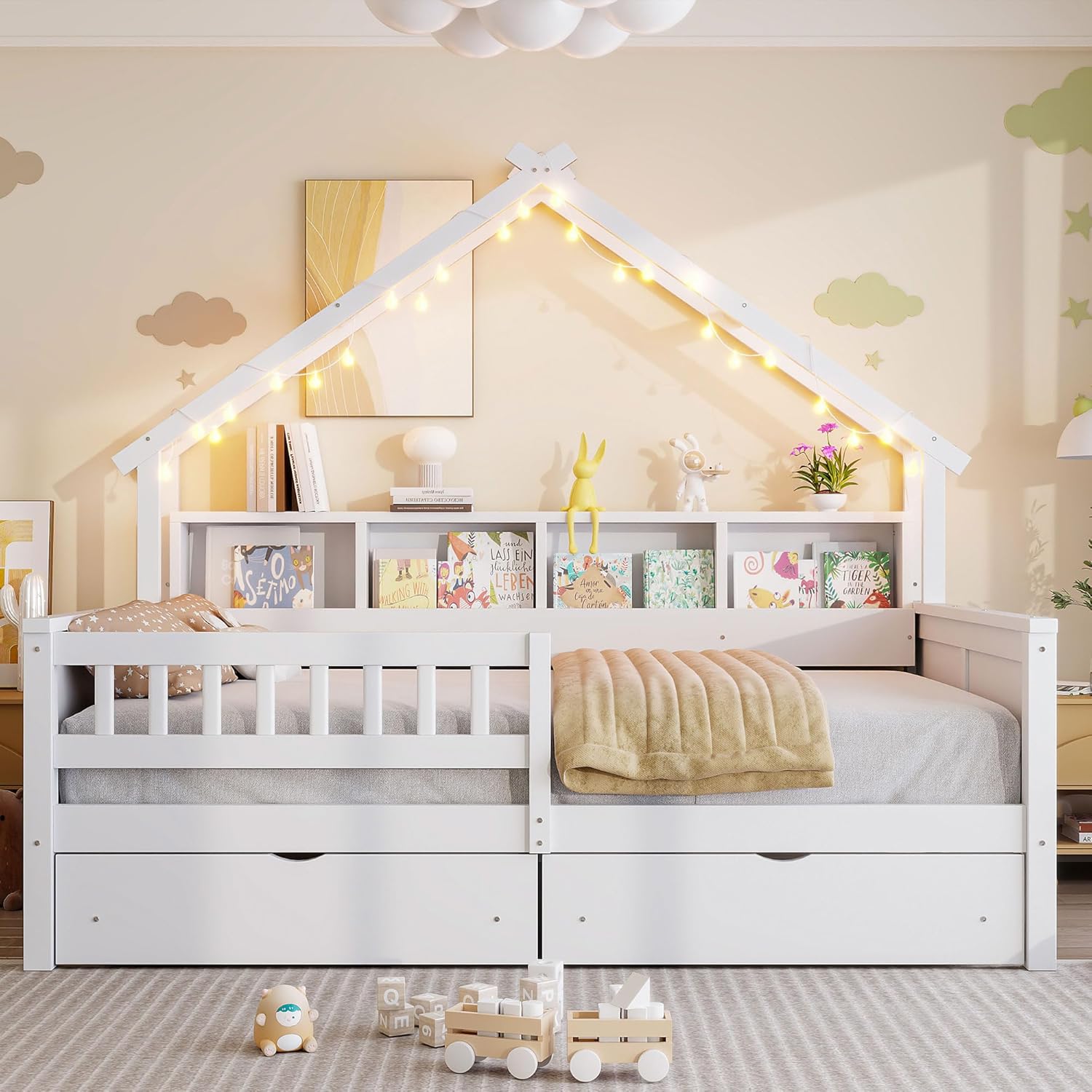 Bellemave Full House Platform Bed with Drawers Wood House Bed with Storage Shelves and LED Lights House Platform Bed Frame for Kids, Teens, Adults, No Spring Box Needed (White)