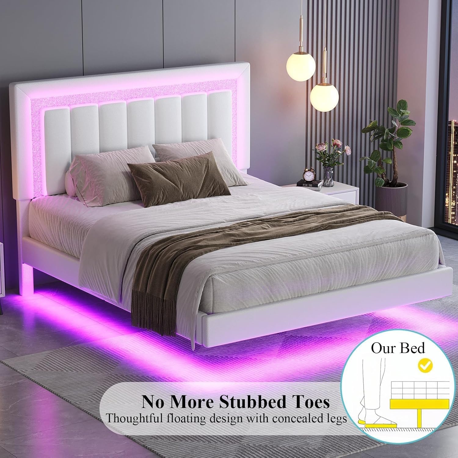 HOMBCK Floating Bed Frame Queen with Smart LED Lights, Faux Leather Upholstered Bed with Diamond PU Headboard, No Box Spring Needed, Noise-Free, Easy Assembly, White