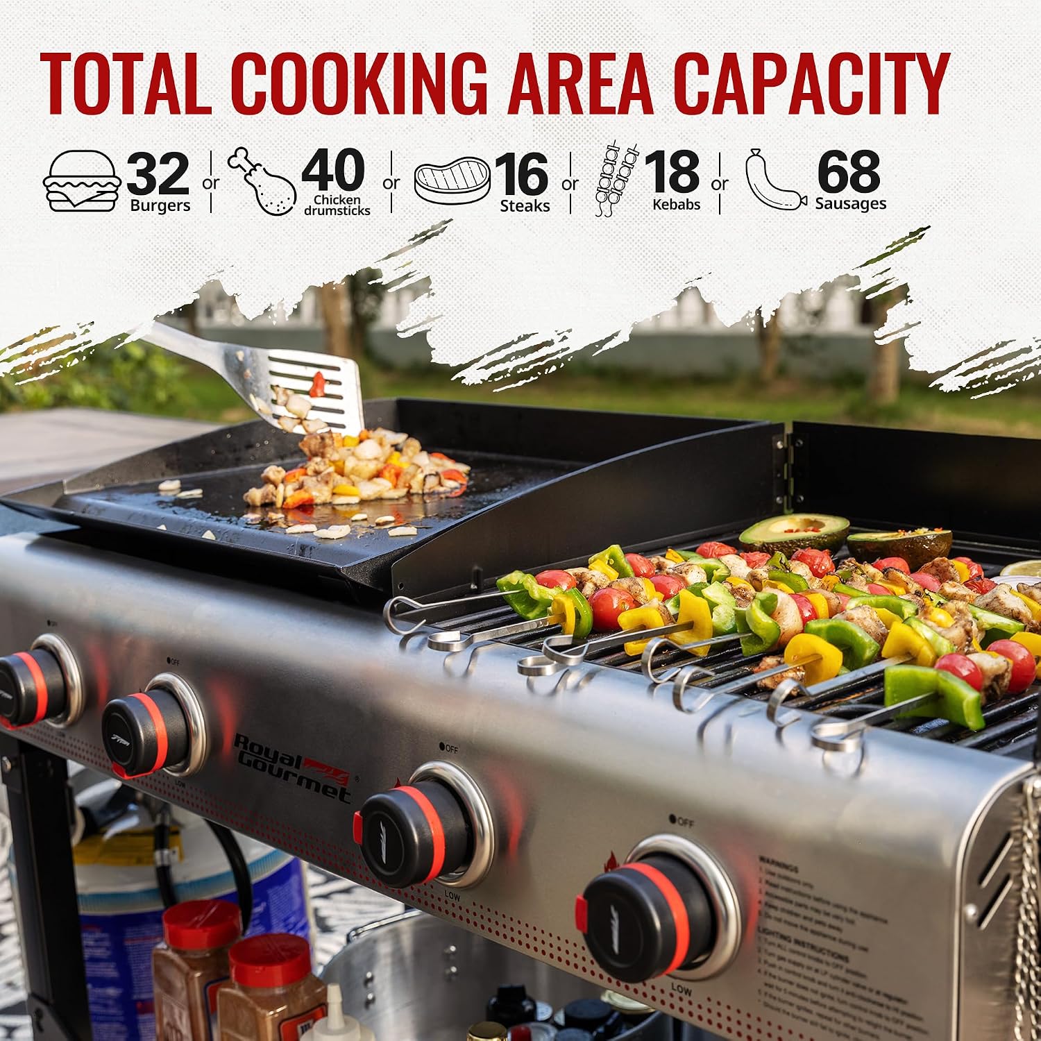 GD403 4-Burner Propane Gas Grill and Griddle Combo with Folding Legs, 48,000 BTUs, Portable Griddle Grill Combo for Outdoor Cooking While Camping or Tailgating, Black & Silver
