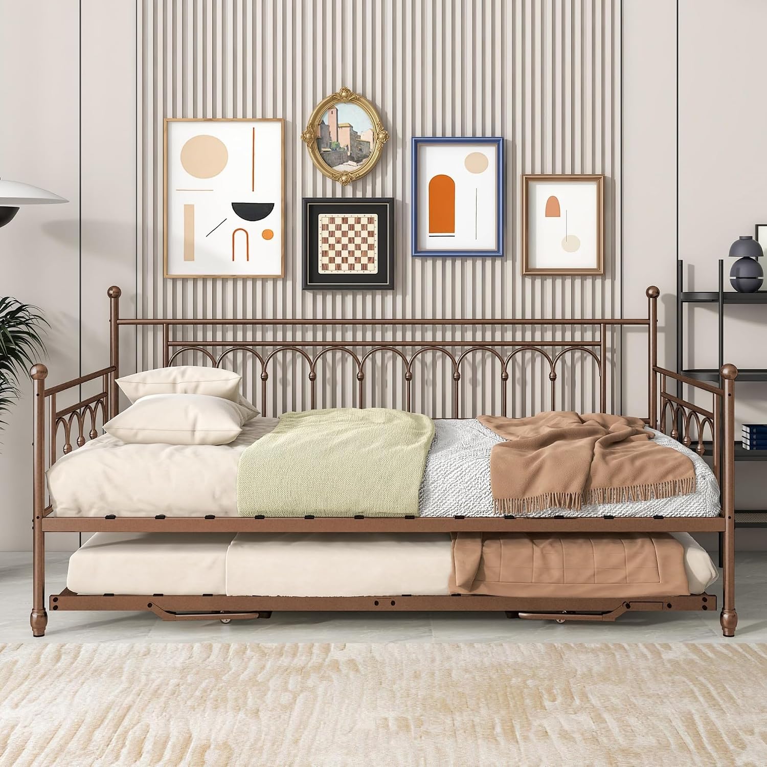 Metal Twin Daybed with Trundle, Stylish Day Bed with Trundle Bed Twin, Versatile Daybeds and Fold-Up Trundle Set for Guest Room, Home Office Twin Trundle Bed Frame,Bronze