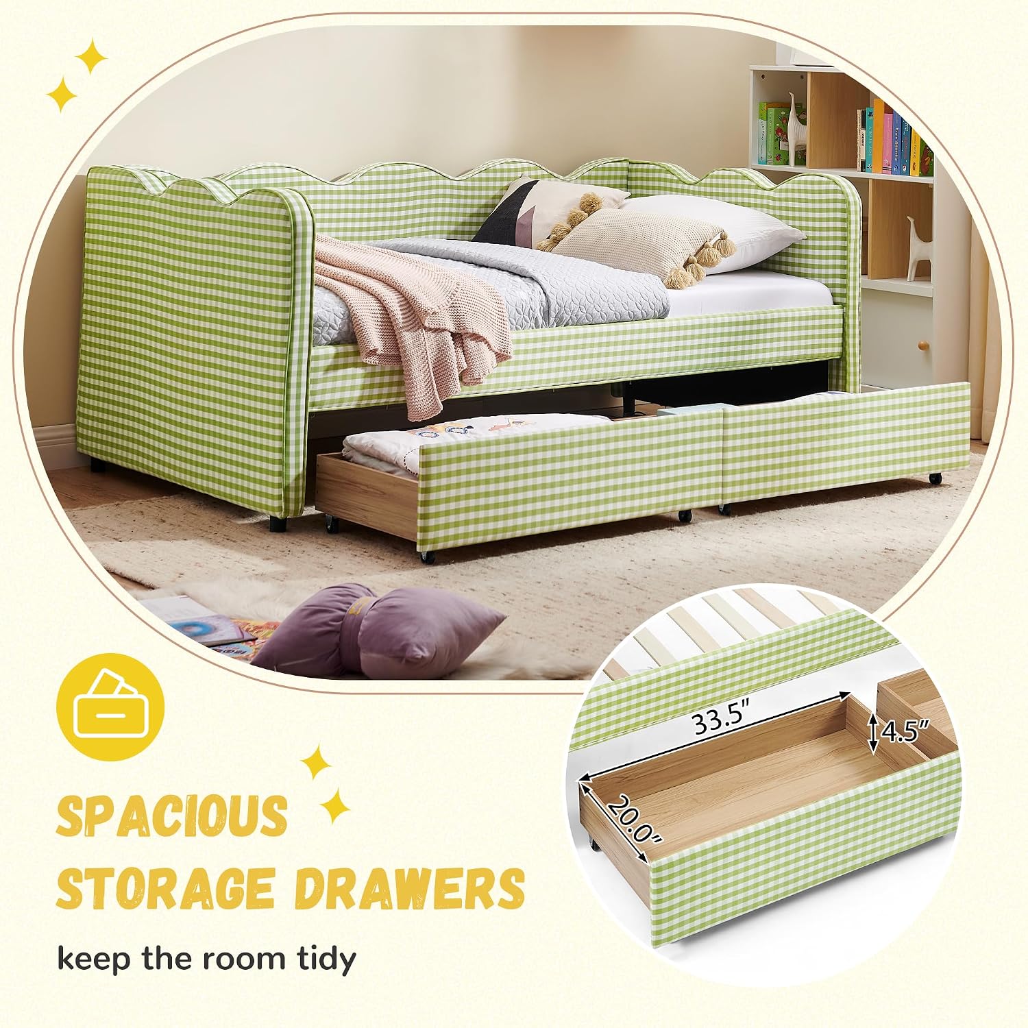 DEINPPA Twin Size Upholstered Daybed with 2 Storage Drawers, Gingham Daybed with USB Ports for Bedroom Living Room Guest Room-Green