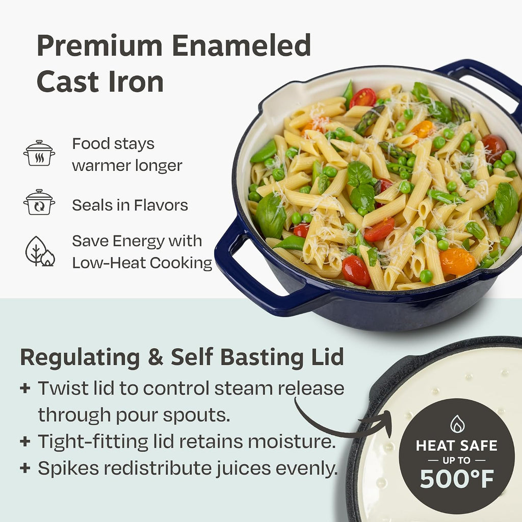 NATIVO 5 pc Stackable Cast Iron Cookware Set, Versatile Enamel Dutch Oven, Seasoned Grill Pan & Enamel Braiser with Precision Pour Spouts, Universal Lid, Included Spacers/Handle Holders, Midnight Blue