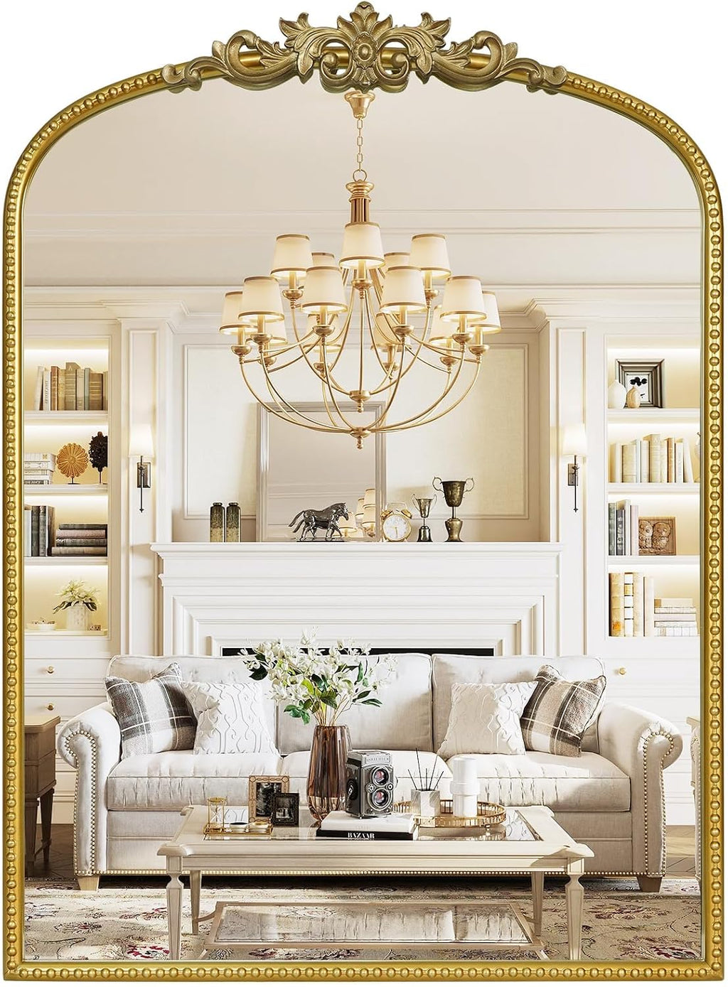 WallBeyond Gold Vintage Mirror for Vanity 22x30 Inch, Gold Antique Mirror with Ornate Frame, Arched Vintage Wall for Bathroom, Living Room, Fireplace, Entryway