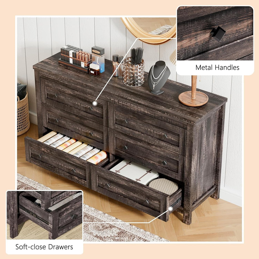 LUXOAK Bedroom Dresser and Nightstand 3 Piece Set, 1 X Rustic Wood 6 Drawer Dresser, 2 X Farmhouse Nightstand with Charging Station, Farmhouse Bedroom Furniture Set, Dark Oak