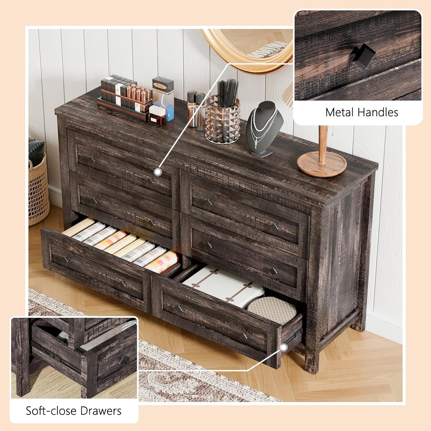 LUXOAK Bedroom Dresser and Nightstand 3 Piece Set, 1 X Rustic Wood 6 Drawer Dresser, 2 X Farmhouse Nightstand with Charging Station, Farmhouse Bedroom Furniture Set, Dark Oak
