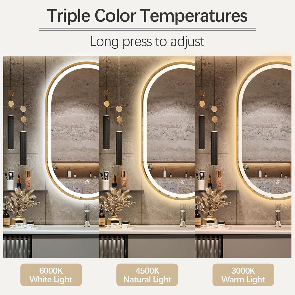 Oval LED Bathroom Mirror, 32'x20' Backlit Vanity Mirror with Light for Wall with Gold Frame, Anti-Fog, Dimmable, Frontlit, 3 Colors, Memory Function, IP65 Waterproof, UL Listed, Horizontal/Vertical