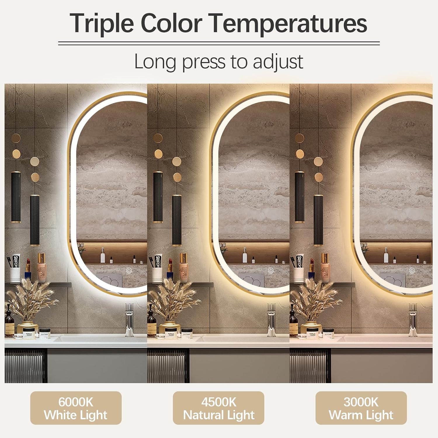 Oval LED Bathroom Mirror, 32'x20' Backlit Vanity Mirror with Light for Wall with Gold Frame, Anti-Fog, Dimmable, Frontlit, 3 Colors, Memory Function, IP65 Waterproof, UL Listed, Horizontal/Vertical