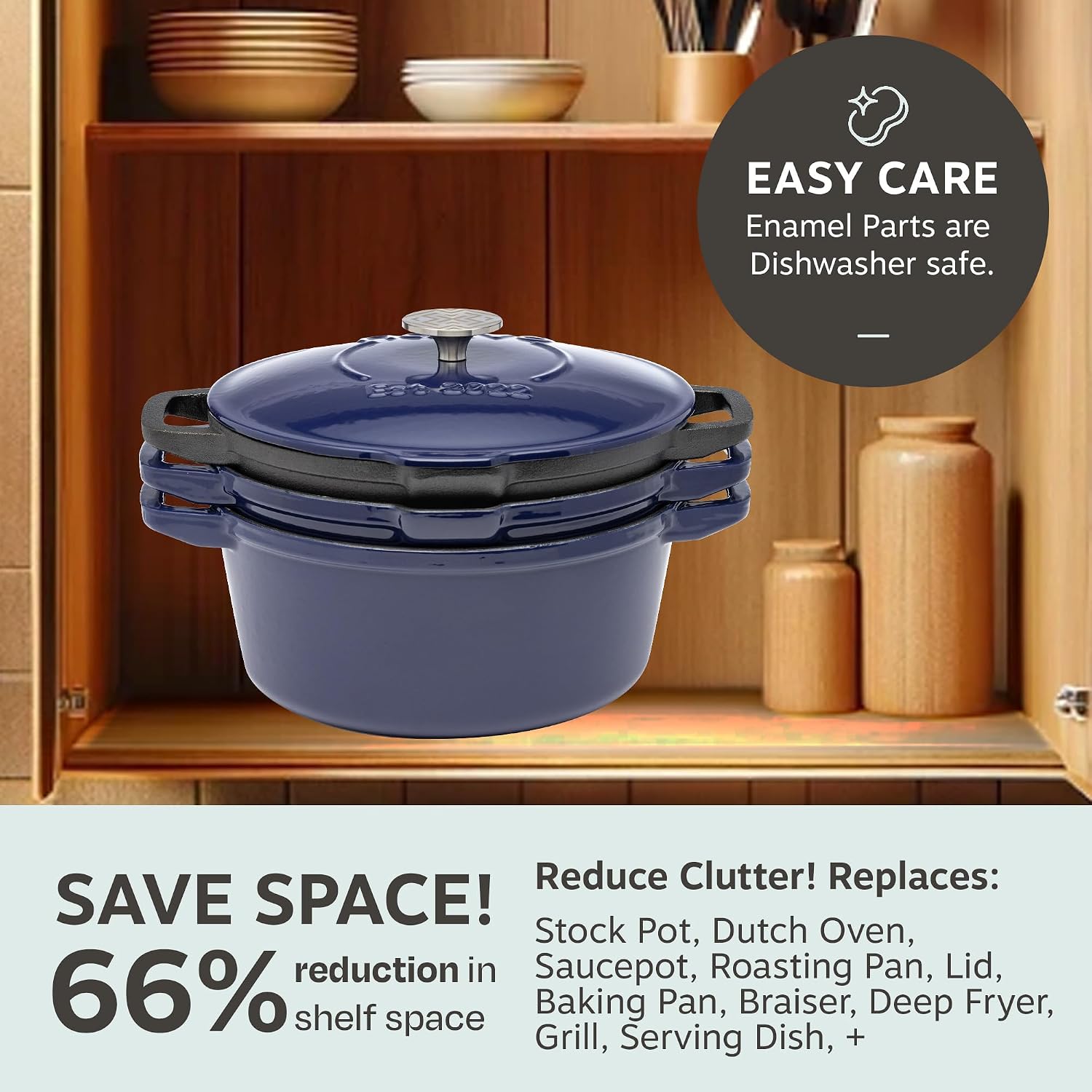 NATIVO 5 pc Stackable Cast Iron Cookware Set, Versatile Enamel Dutch Oven, Seasoned Grill Pan & Enamel Braiser with Precision Pour Spouts, Universal Lid, Included Spacers/Handle Holders, Midnight Blue