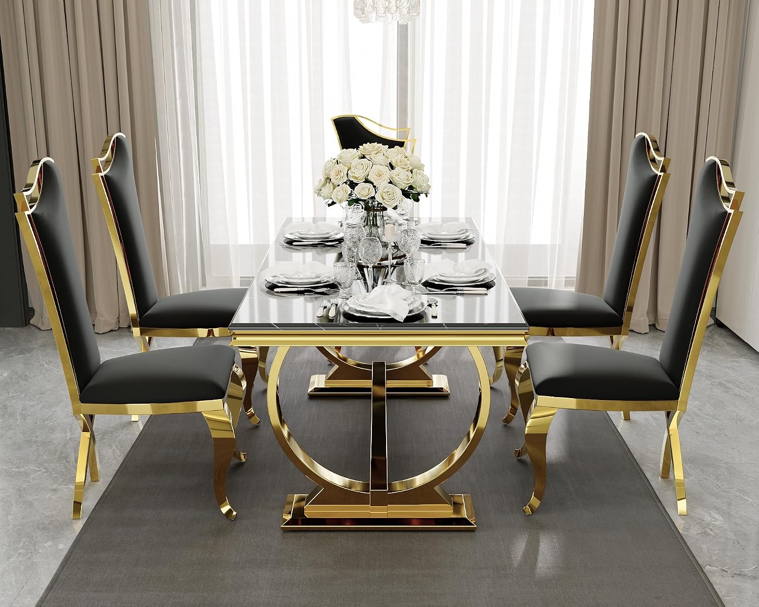 ACEDÉCOR 5 Piece Dining Table Set, Modern Dining Room Table with Gold Stainless Steel Metal U-Base, 4 Black Velvet Dining Chairs with Gold Legs(1 Table + 4 Black Velvet Dining Chairs)