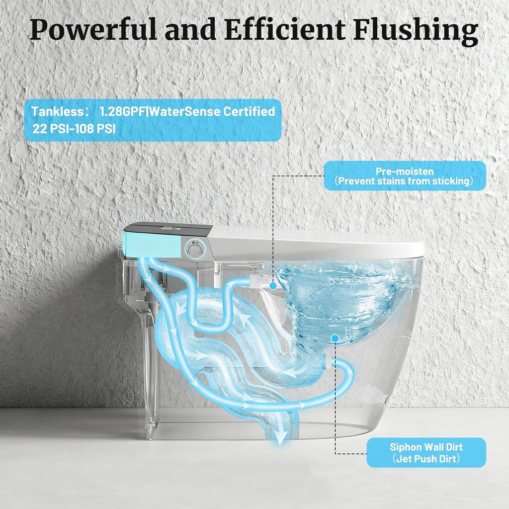 Smart Toilet with Auto Flush and Heated Seat, Electric Tankless Toilets with Dual Flush Remote - Pre-Wetting, One Piece Toilet for Bathrooms Soft-Close Seat & Lid, Night Light, LED Display