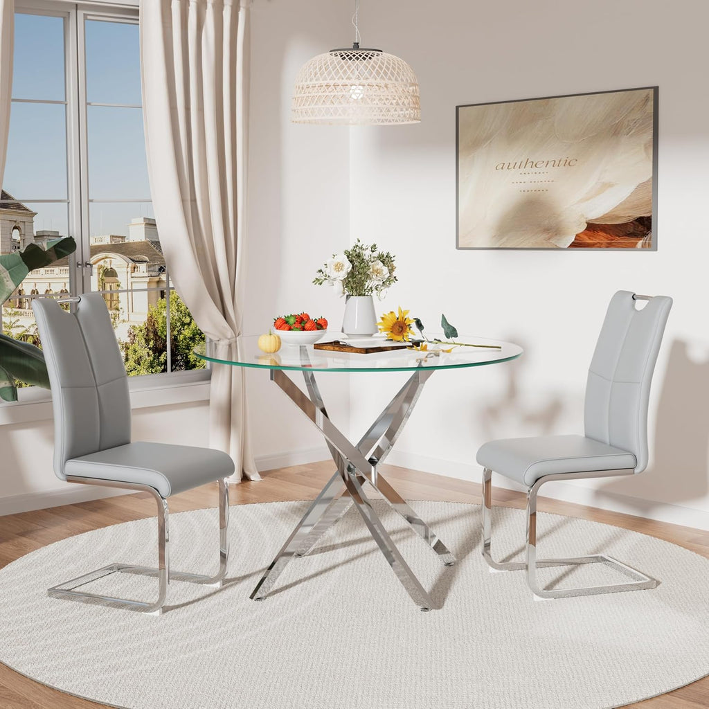 RGZ 3 Pieces Modern Round Kitchen Set, Clear Circle Glass Dining Table with Light Grey PU Faux Leather Chairs Set of 2, 36'' Small Luxury Circular Dinner Room Set, for Breakfast Nook Home (Silver)