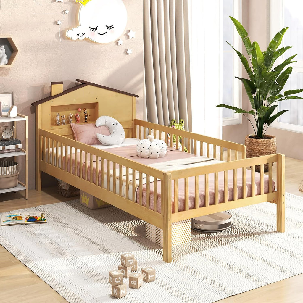 KOMFOTT Twin Bed Frame with Rails & House Shaped Headboard, Solid Wood Platform Bed with Safety Guardrails, Storage Cube & Under-Bed Storage, No Box Spring Needed, Twin Bed with Rails (Natural)