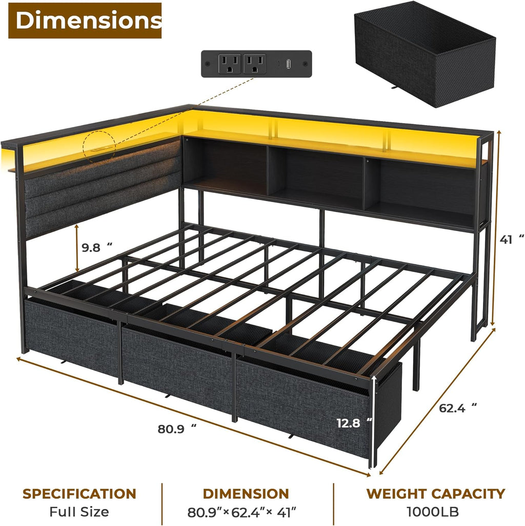 OURPIC Full Size Bed Frame with Headboard and Storage Drawers, Full Metal Platform Corner Bed Frame with Charging Station and LED Lights, Heavy Duty Strong Support Slats and Easy to Assemble, Black
