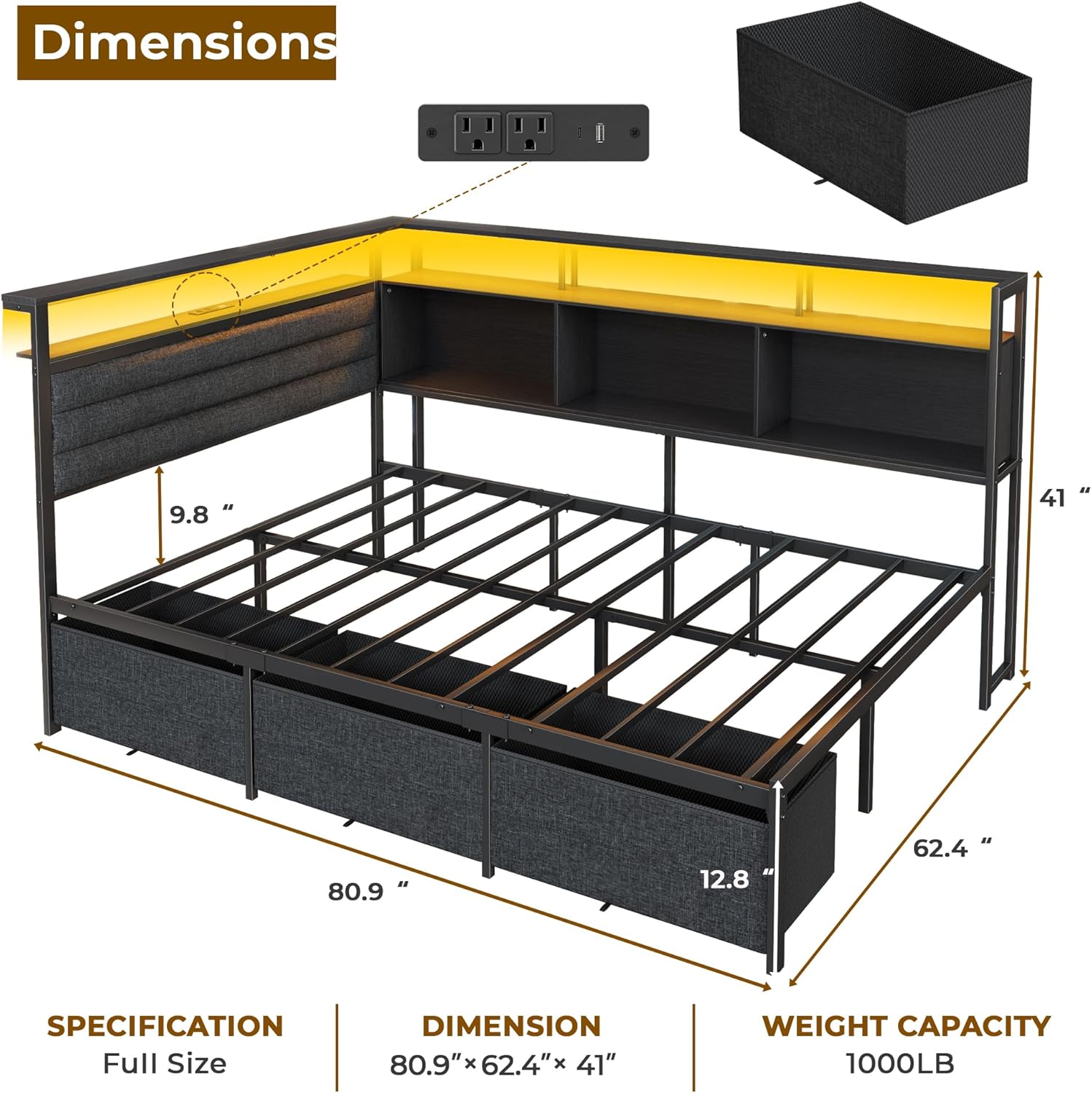 OURPIC Full Size Bed Frame with Headboard and Storage Drawers, Full Metal Platform Corner Bed Frame with Charging Station and LED Lights, Heavy Duty Strong Support Slats and Easy to Assemble, Black