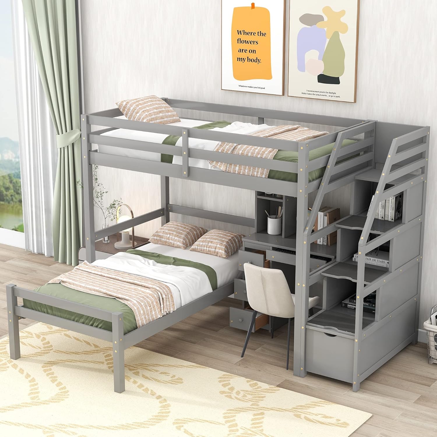 Harper & Bright Designs Twin Over Twin Bunk Bed with Desk, Heavy Duty Wood Loft Bedframe W/Shelves,Easy Assembly,Versatile Functional Bedroom Furniture Set for Boy Girl Teens,Gray