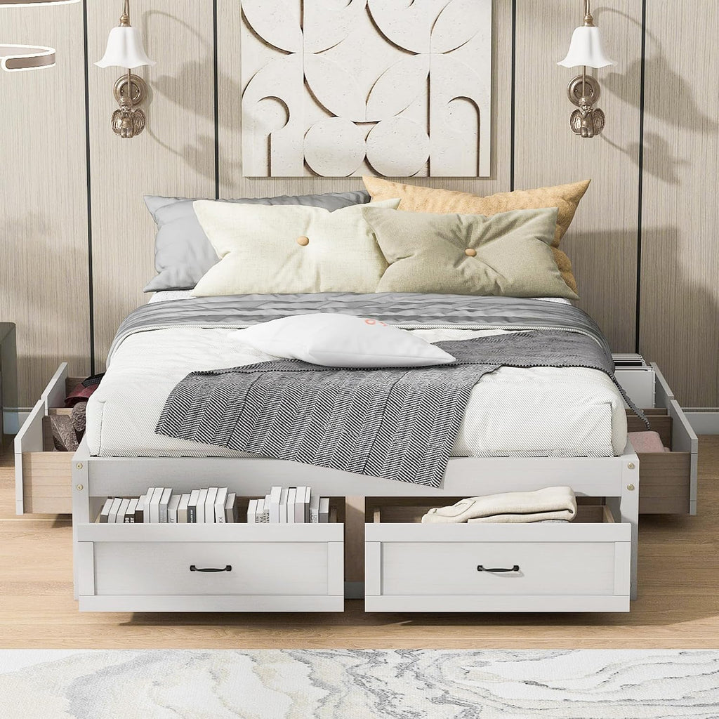 SOFTSEA Farmhouse Queen Size Bed Frame with 6 Drawers, Wood Storage Bed No Headboard with Support Slats, Solid Wood Platform Bed Frame with Drawers, No Box Spring Needed, Easy Assembly, Antique White