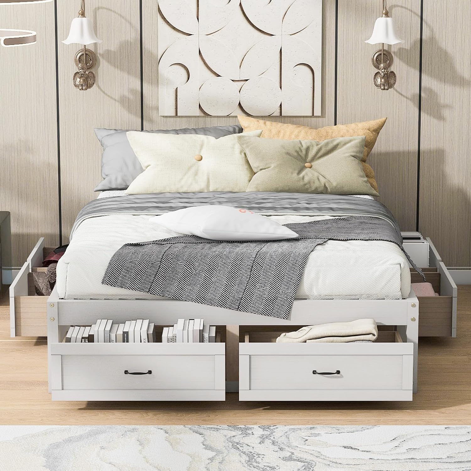 SOFTSEA Farmhouse Queen Size Bed Frame with 6 Drawers, Wood Storage Bed No Headboard with Support Slats, Solid Wood Platform Bed Frame with Drawers, No Box Spring Needed, Easy Assembly, Antique White