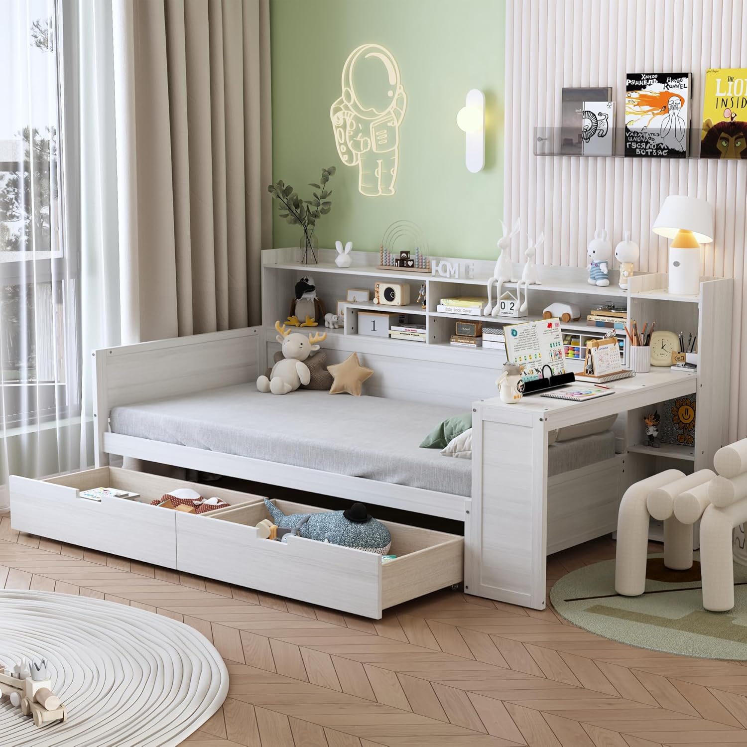 Twin Size Daybed with Desk,Storage Drawers and Shelves, Pine Wood Captains Bed Frame with Bookcase and Headboard for Kids Boys Girls Teens, Antique White