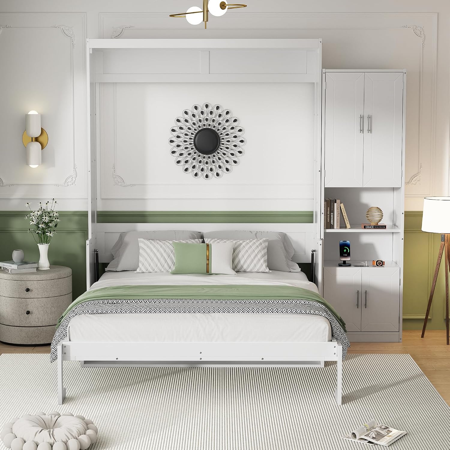 PVWIIK Queen Murphy Cabinet Bed with Desk & Storage Shelf for Adult Boys Girls Bedroom Guest Room Living Room,Wall Bedframe Folding into Cabinet Design,White