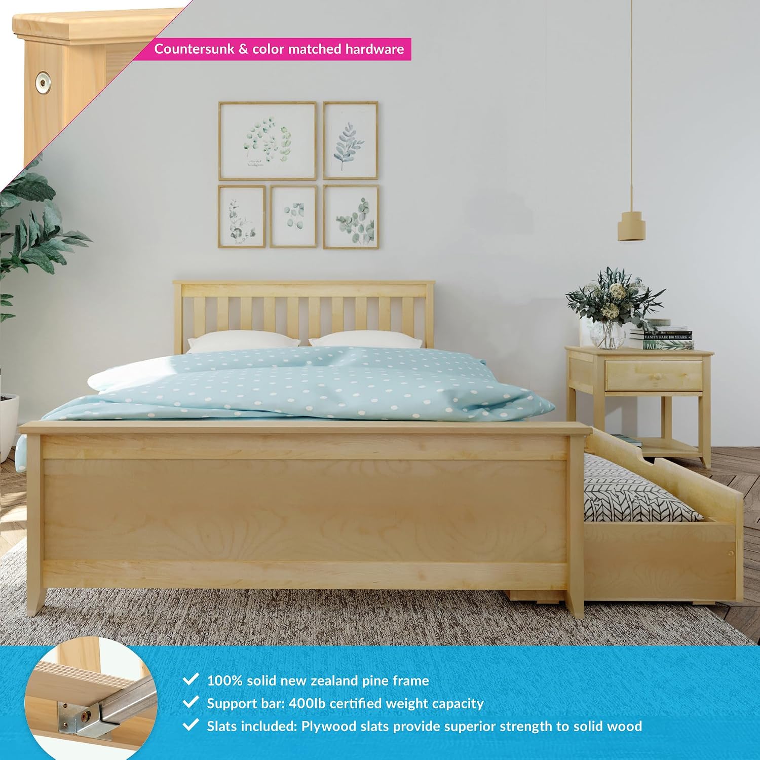 Max & Lily Classic Full Bed, Slatted Headboard, with Storage Drawers, Natural