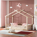LLS Twin House Bed with Fence, Wooden Montessori Bed with Slats Support, Floor Bed Frame for Boys Girls Bedroom, Natural