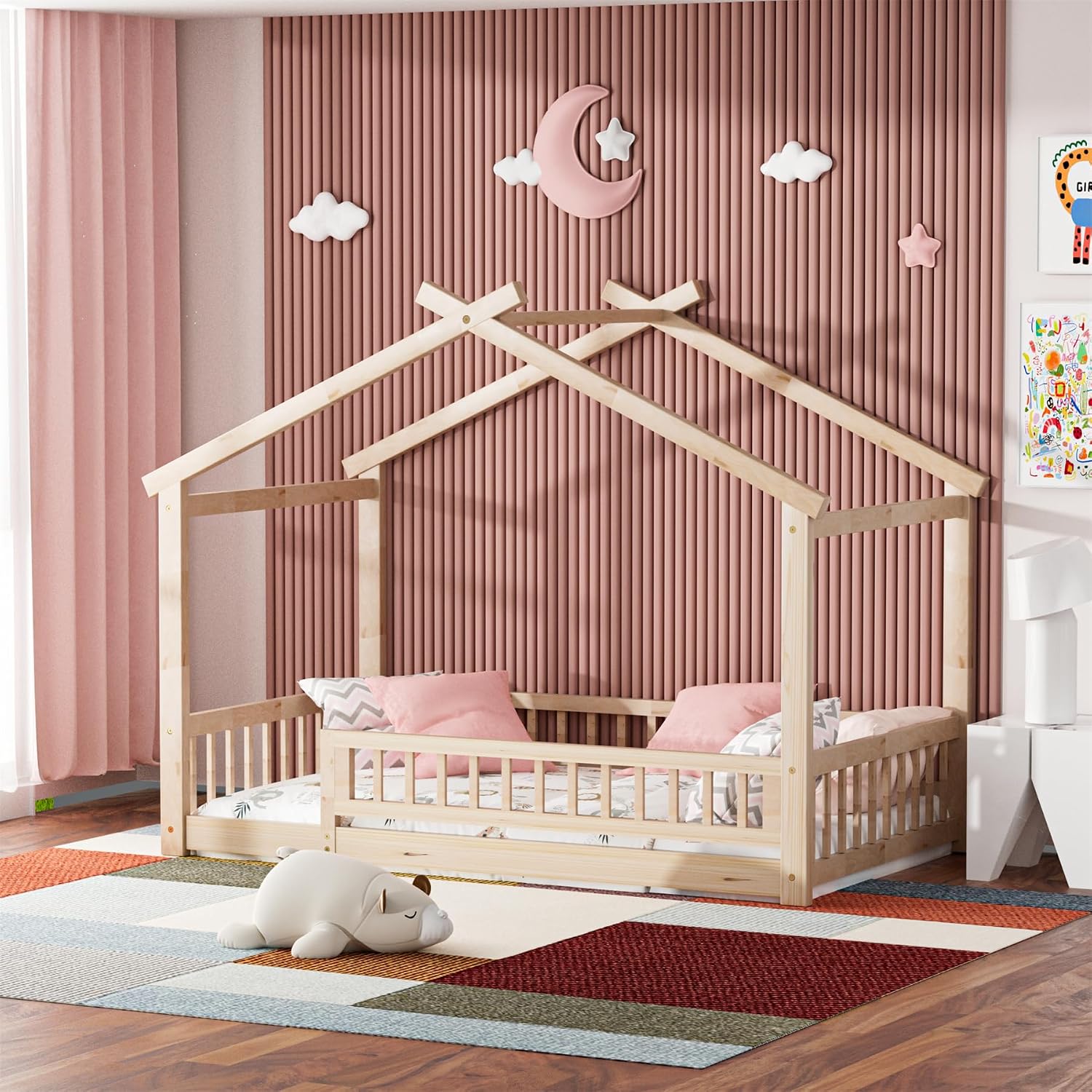 LLS Twin House Bed with Fence, Wooden Montessori Bed with Slats Support, Floor Bed Frame for Boys Girls Bedroom, Natural