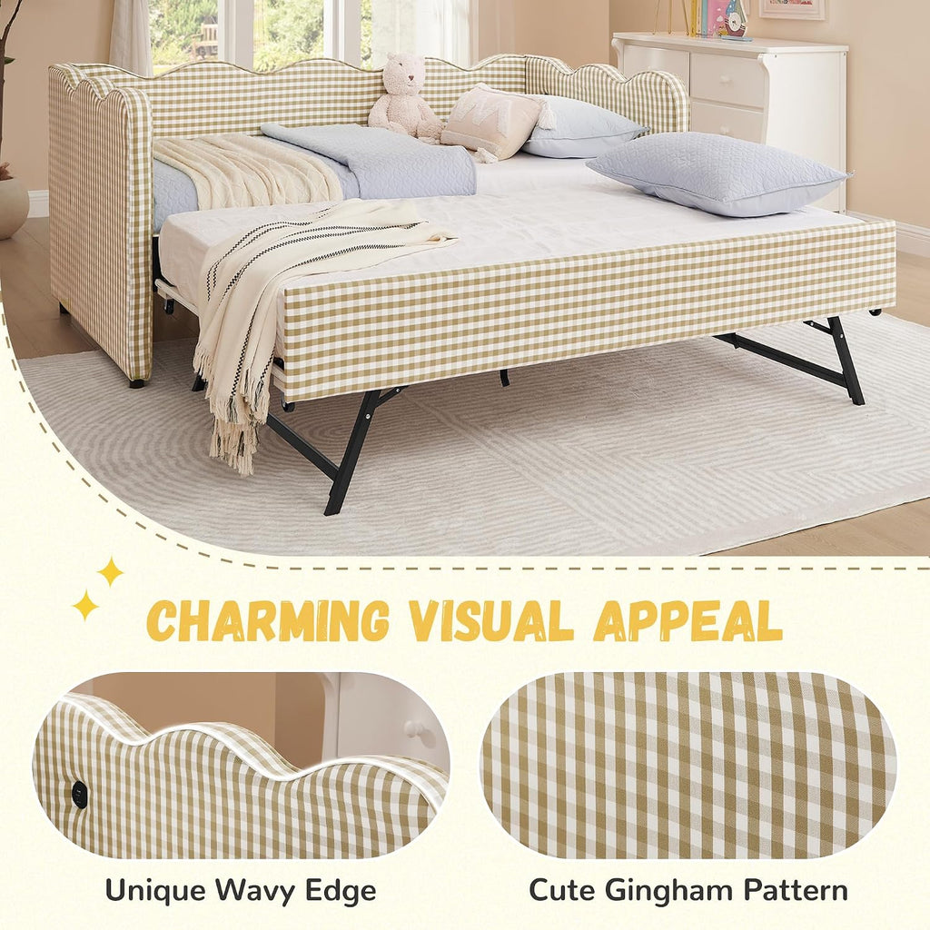 DEINPPA Twin Size Upholstered Daybed with Trundle, Gingham Daybed with USB Ports for Bedroom Living Room Guest Room-Brown