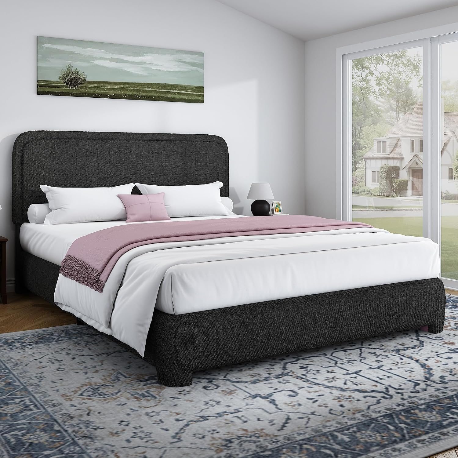 BarnFurin Full Size Bed Frame with Headboard, Boucle Upholstered Platform Bed Frame, Soft Rounded Corners, No Box Spring Required, Easy Assembly, Black