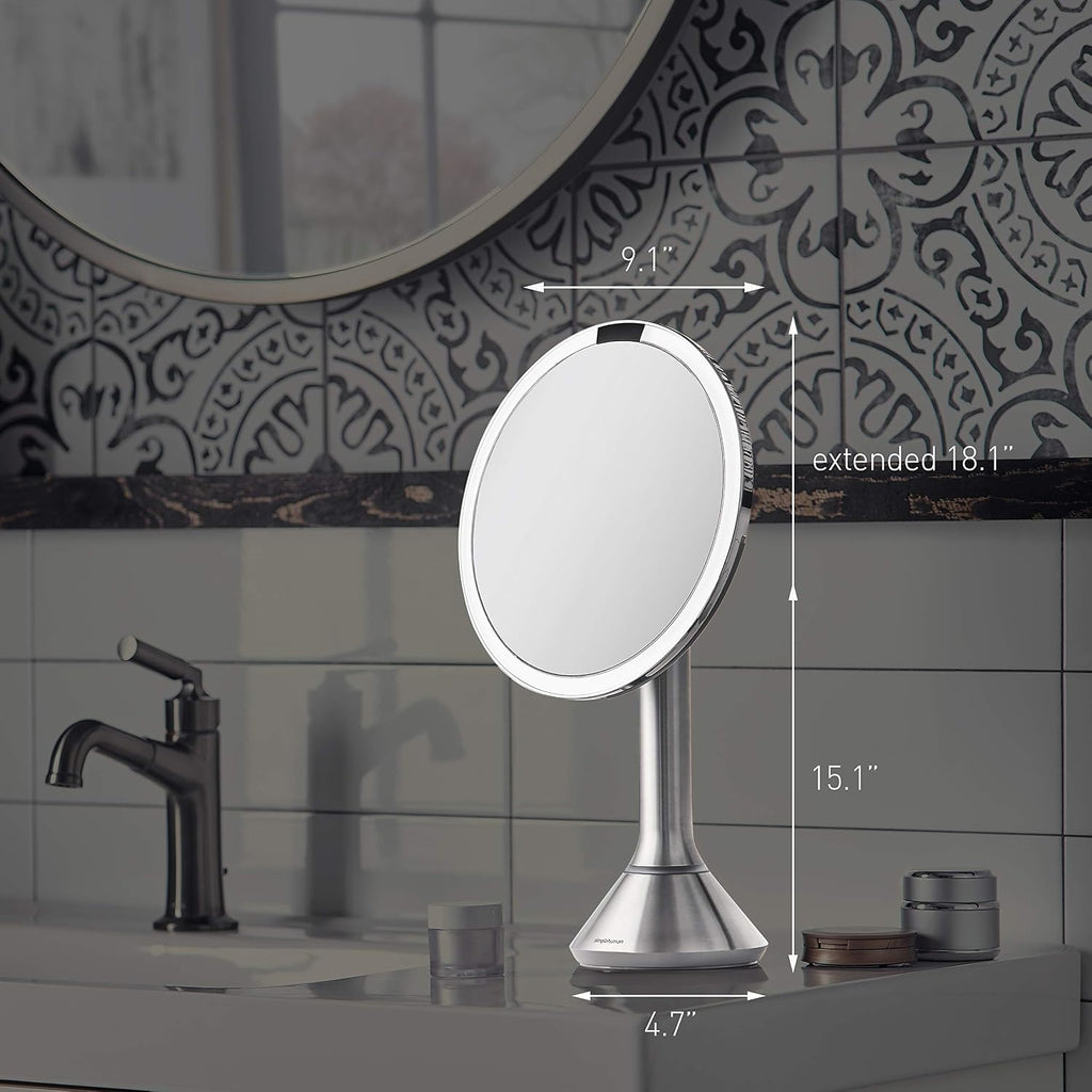 simplehuman Sensor Mirror, Lighted Makeup Mirror with Magnification (5X), 8' Round Magnifying Vanity Mirror with Lights, Cordless, Rose Gold Stainless Steel