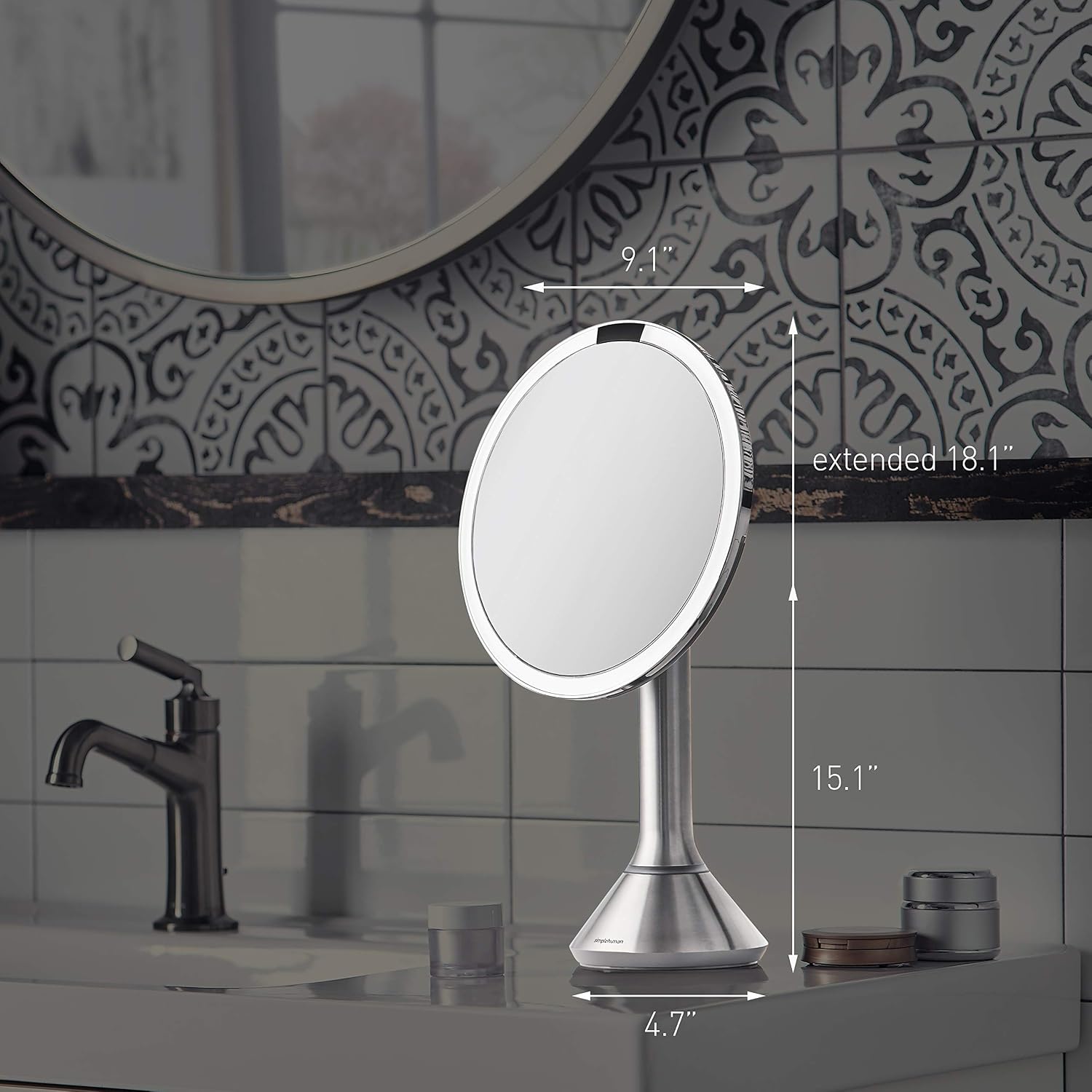 simplehuman Sensor Mirror, Lighted Makeup Mirror with Magnification (5X), 8' Round Magnifying Vanity Mirror with Lights, Cordless, Rose Gold Stainless Steel