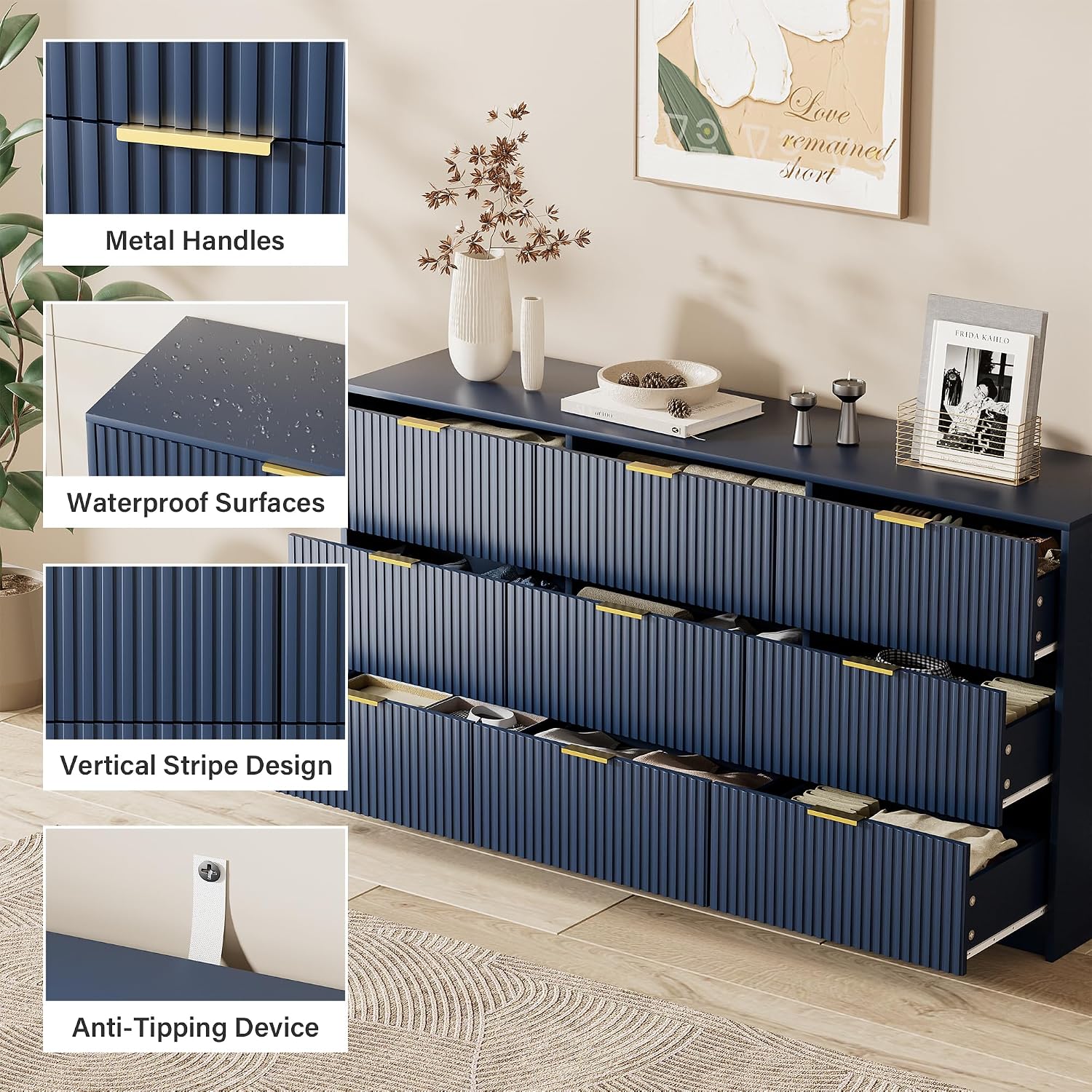 Furniway Blue Dresser for Bedroom, Modern Dresser with 9 Drawers and Smooth Slides, Wide Chest of Drawers with Golden Handles for Bedroom, Living Room, Closet, 15.7' D x 63' W x 31.5' H