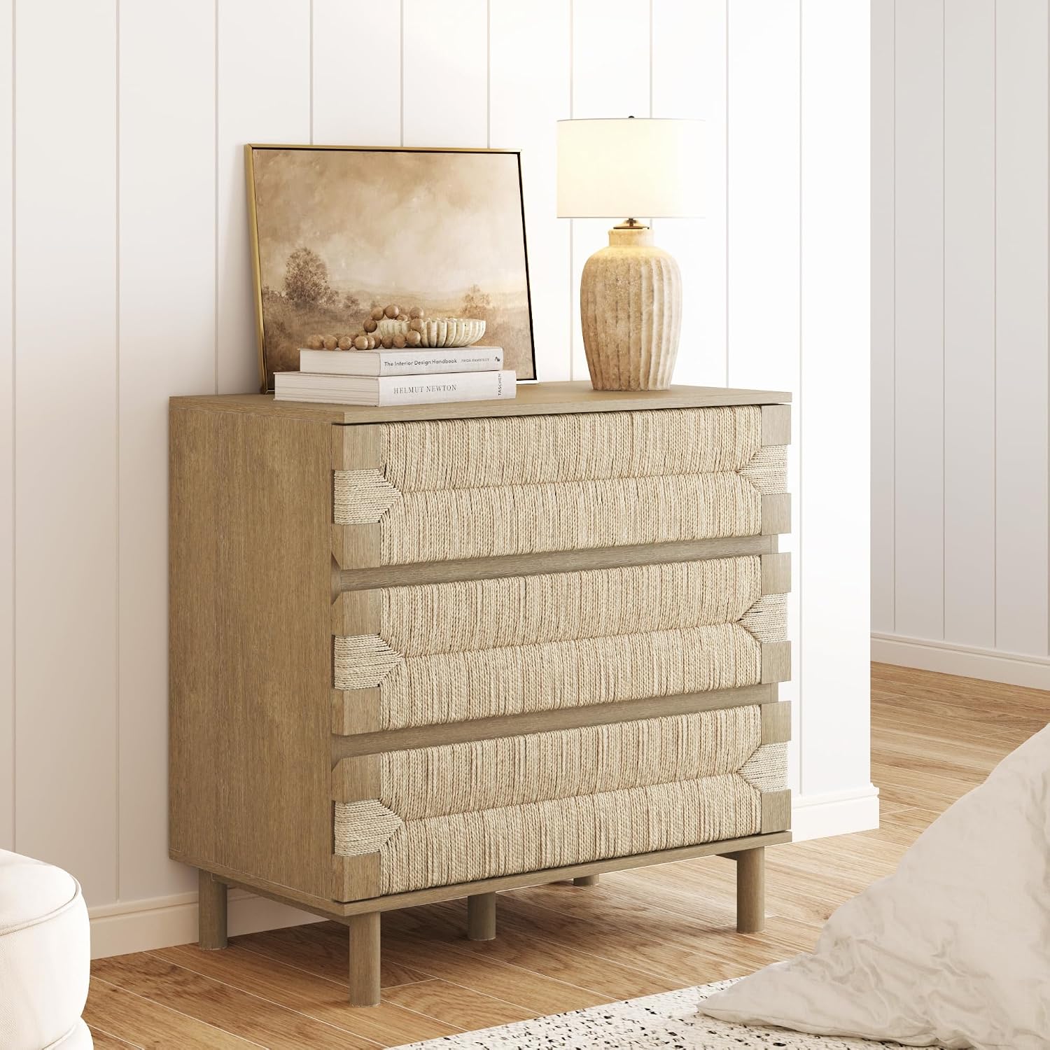 Nathan James Beacon 3 Drawer, Light Brown Boho, Bohemian Woven Seagrass Storage Cabinet for Living Room