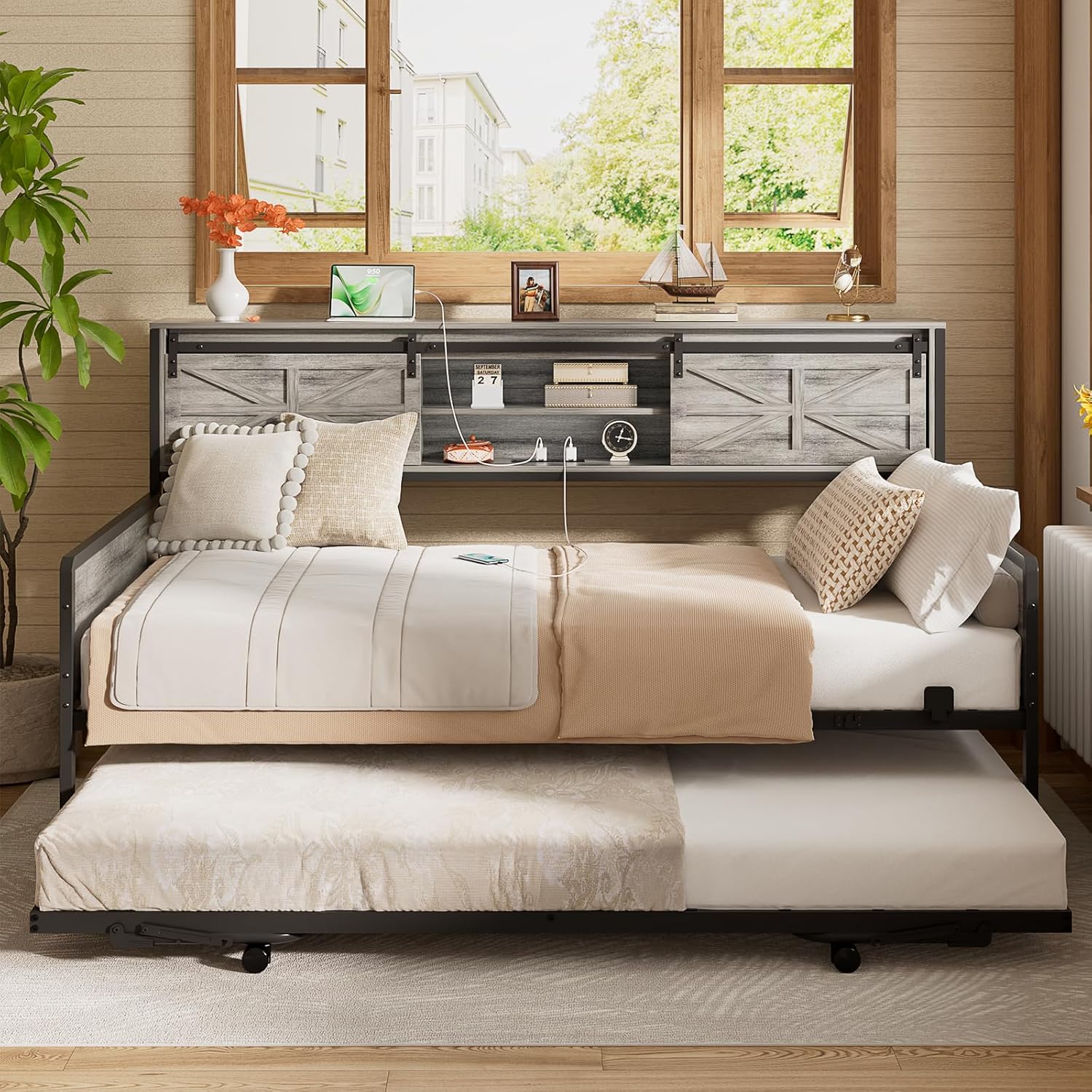 Homieasy Farmhouse Twin Daybed with Pop-Up Trundle, Metal Trundle Bed Frame with Bookcase Headboard, Charging Station & Barn Door Storage for Bedroom & Guest Room, Light Oak