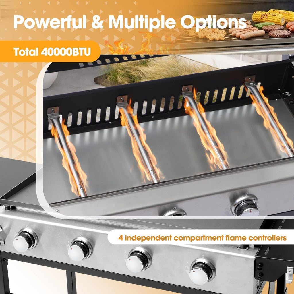 4-Burner Propane Gas Griddle with Removable Stand, 40,000 BTU Flat Top Grill with 455 sq.in Cooking Area, Portable Outdoor BBQ Grill w/Foldable Side Tables, Wheels for Patio, Backyard, Camping