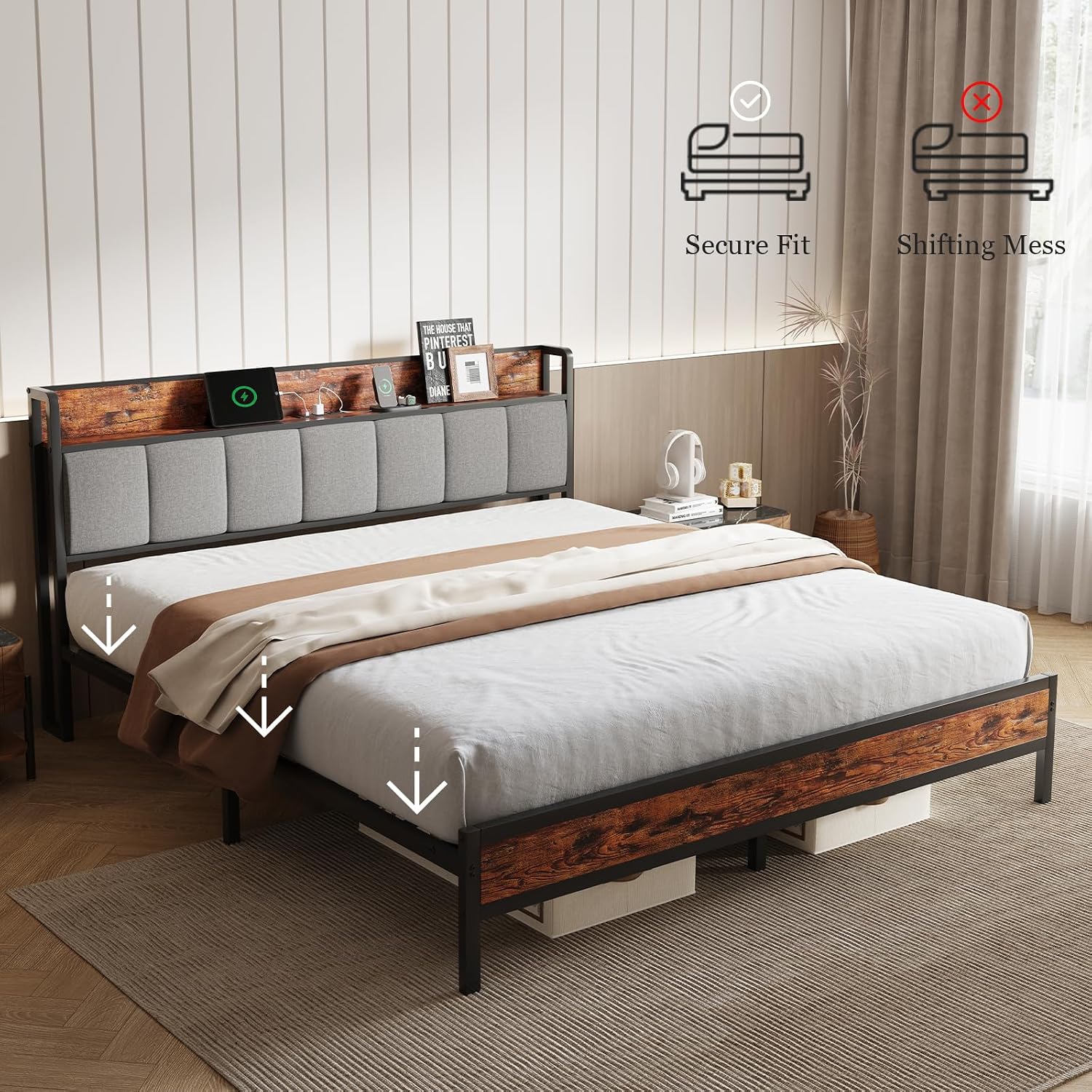Novilla King Size Bed Frame with Charging Station USB/Type-C & Storage Headboard, Modern Metal Platform Bed Frame, Easy Assembly, Heavy Duty Slats Support, Noise Free, No Box Spring Needed