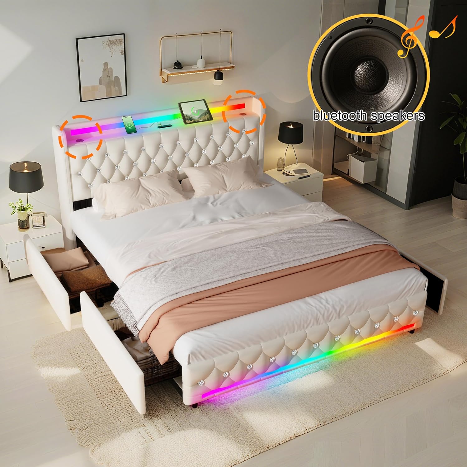 Juego 5-in-1 LED Light Queen Bed Frame with Bluetooth Speakers,Upholstered Platform Bed with USB & Type-C Charging Station,4 Drawers Storage and Wooden Slats Support,Velvet Bed with Headboard,Beige