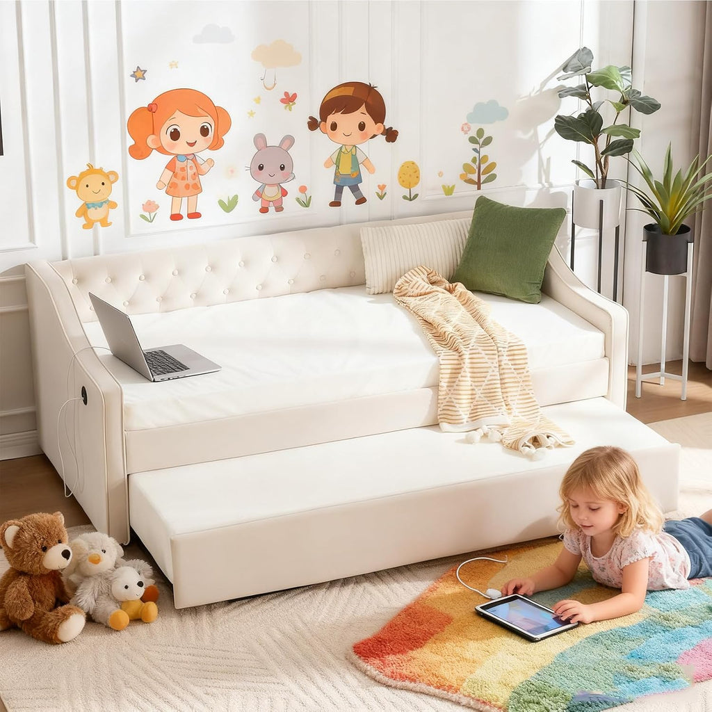 Twin to King Daybed with Trundle, USB Ports Soft Upholstered Daybed with Pop Up Trundle Bed Twin, Modern Extendable Day Bed Frame for Girls Bedroom Living Room Guest Room Small Places Champagne Beige