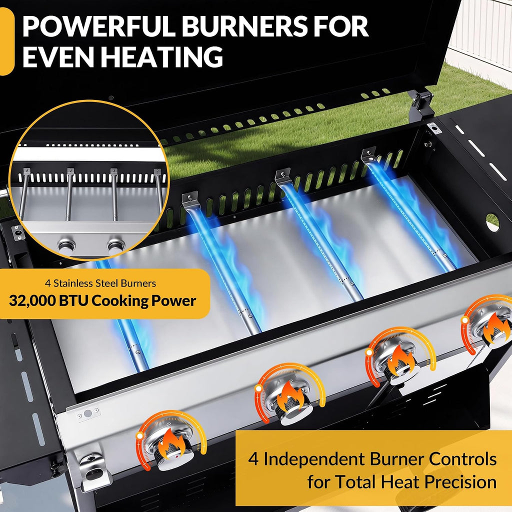 MAGIC UNION 4-Burner Heavy Duty Rolling Flat Top Propane Gas Griddle, Portable Griddle on Cart with Hood & Foldable Side Shelves, 32000 BTU 455 sq.in, for Outdoor Cooking, Camping & Tailgating