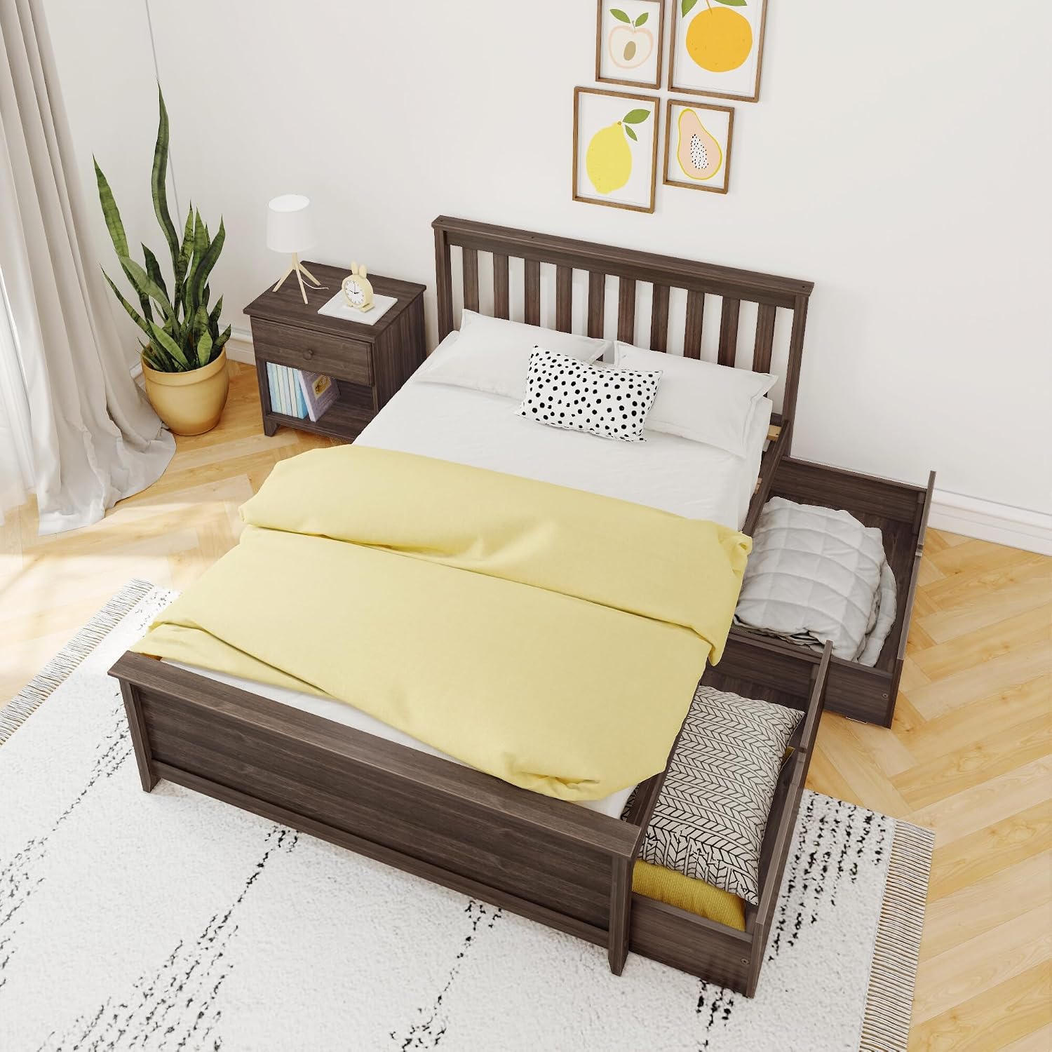 Max & Lily Classic Full Bed, Slatted Headboard, with Storage Drawers, Walnut
