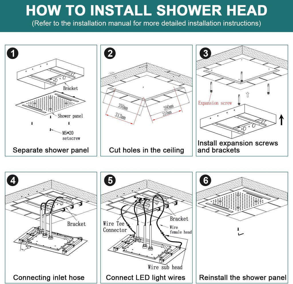 HOMEDEC LED Multi Functions Full Body Shower System with 6pcs Body Jets Spray with（Up/Down ）Shower Spout, Large 3 In 1 Functions 14x20inch Showerhead, Rainfall Mist Shower Faucet Set Complete, Black