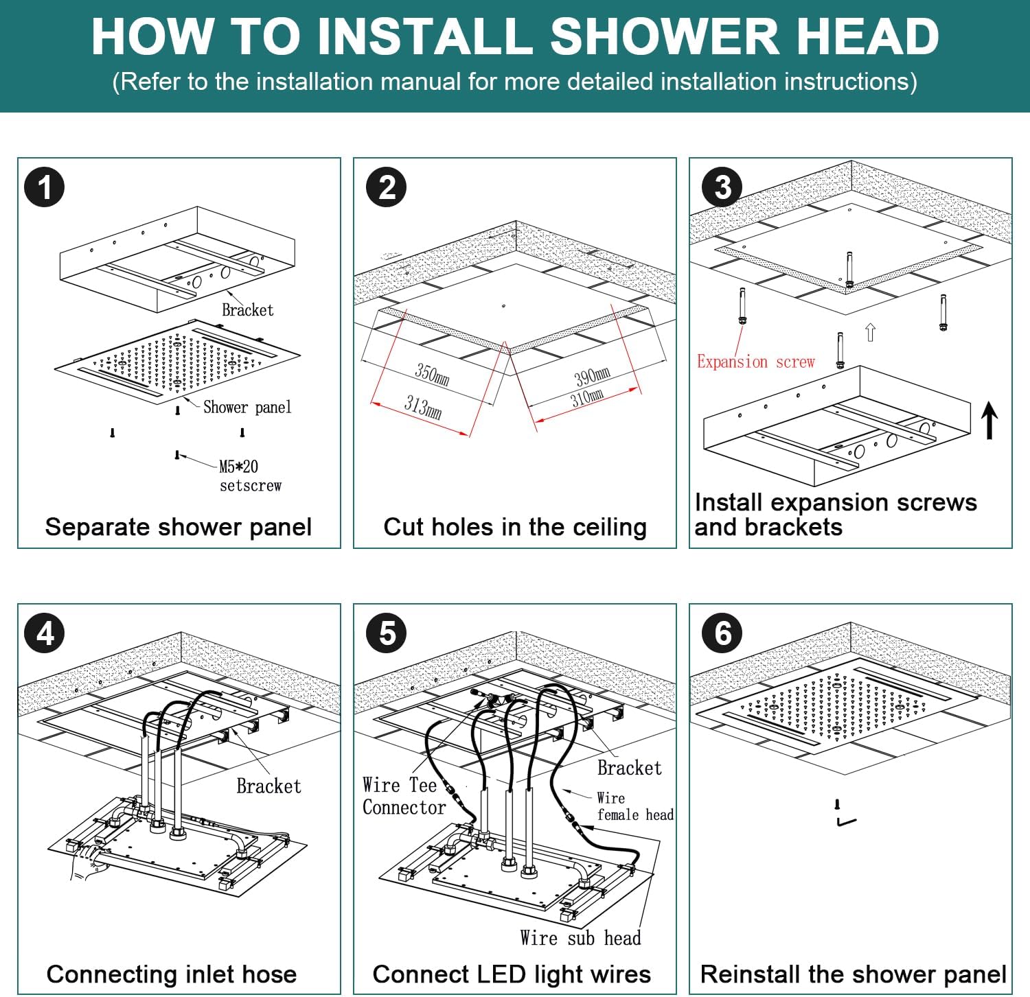 HOMEDEC LED Multi Functions Full Body Shower System with 6pcs Body Jets Spray with（Up/Down ）Shower Spout, Large 3 In 1 Functions 14x20inch Showerhead, Rainfall Mist Shower Faucet Set Complete, Black