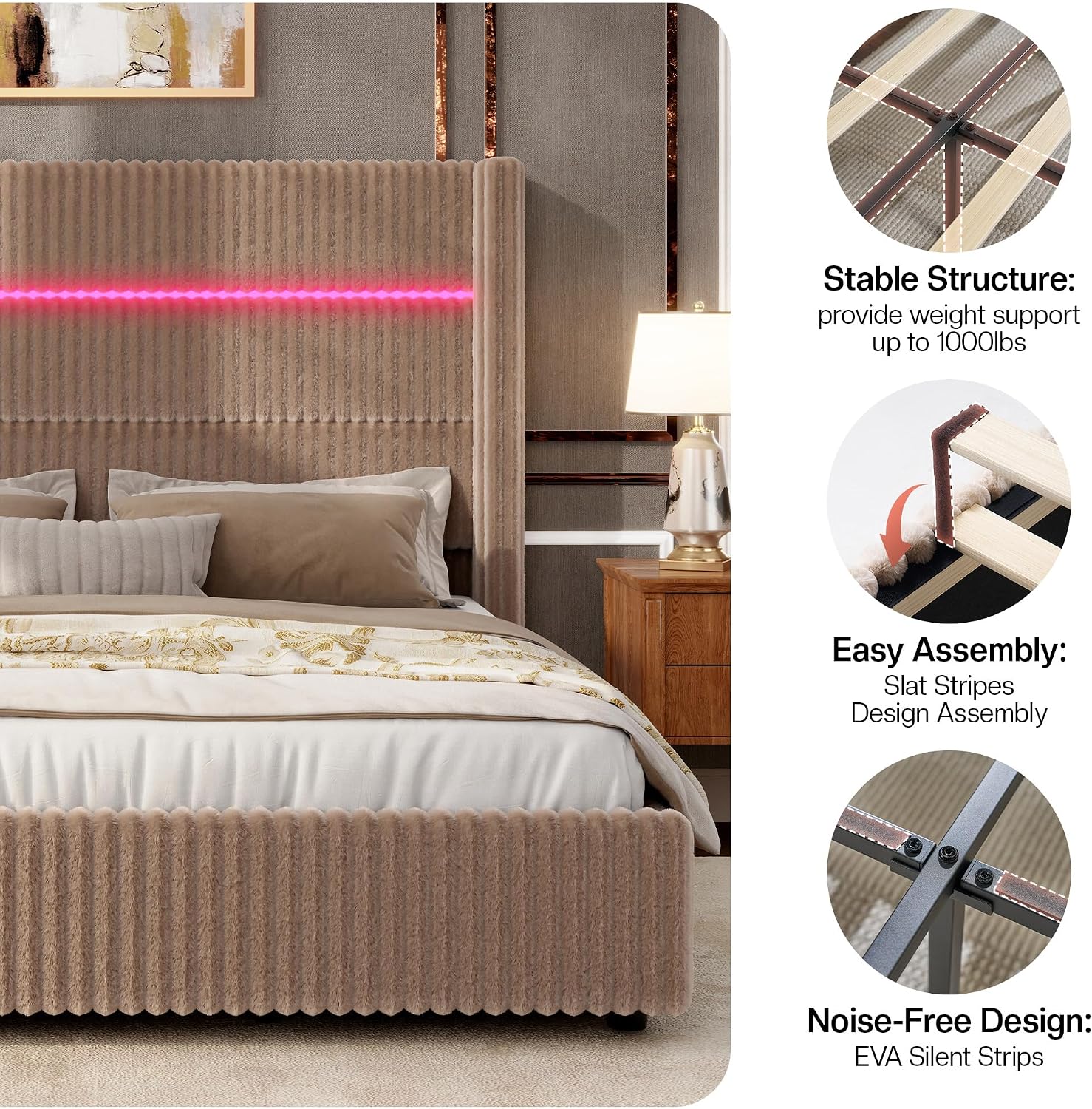 Jocisland King Size Corduroy Upholstered Bed Frame with 4 Storage Drawers & 51.2' Tall Wingback Headboard, LED Platform Bed with Charging Station, Easy Assembly, No Box Spring Needed, Dark Khaki